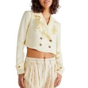 Free People Bennie Crop 100% Linen Jacket Ruffle Collar Open Back